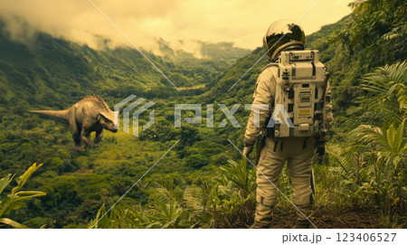 Futuristic exploration of prehistoric jungle by time traveler and dinosaur encounter 123406527