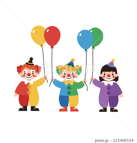 Clowns Holding Colorful Balloons in Flat Vector Art Style 123406534