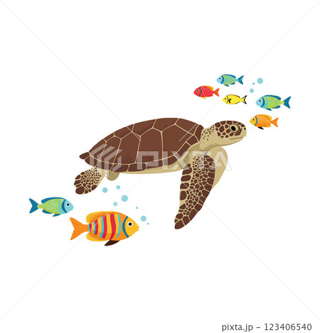 Sea turtle swimming with colorful fish in flat vector art Sea turtle swimming with colorful fish in flat vector art 123406540