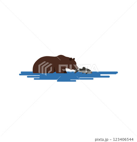 Bear catching fish in clear water flat vector art 123406544