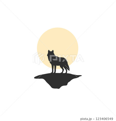 Wolf silhouette on cliff with sun in background flat vector art Wolf silhouette on cliff with sun in background flat vector art 123406549