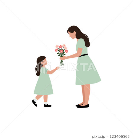 Mother handing flowers to daughter in flat vector illustration 123406563