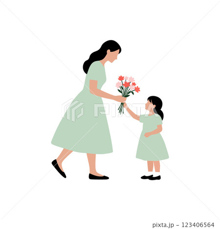 Mother and daughter sharing flowers in flat vector illustration 123406564