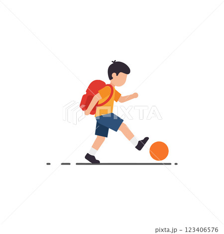 Boy with backpack kicking ball in flat vector illustration Boy with backpack kicking ball in flat vector illustration 123406576