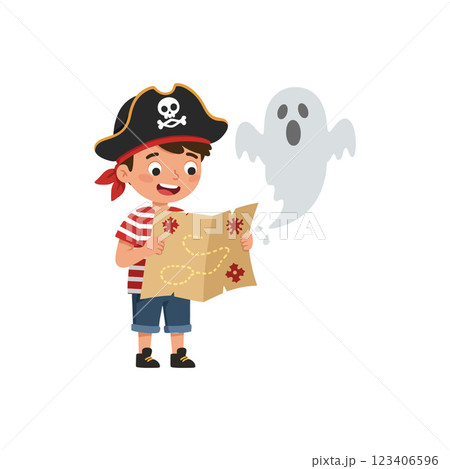 Pirate boy discovering treasure map with ghost in flat vector art 123406596