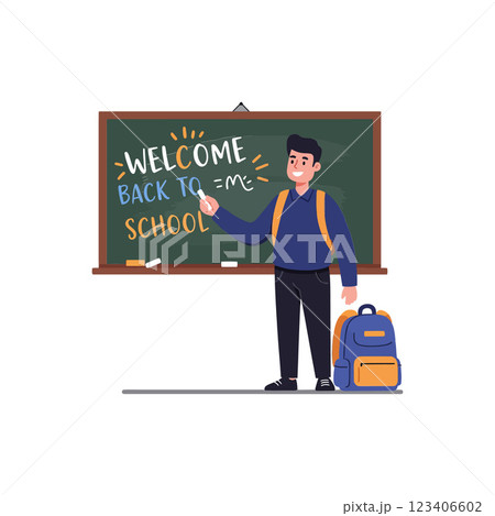 Student writing on chalkboard in vibrant flat vector art illustration 123406602