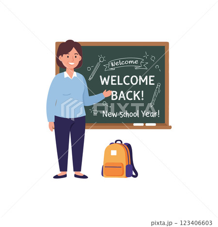 Teacher welcoming students back with bright chalkboard style vector art 123406603