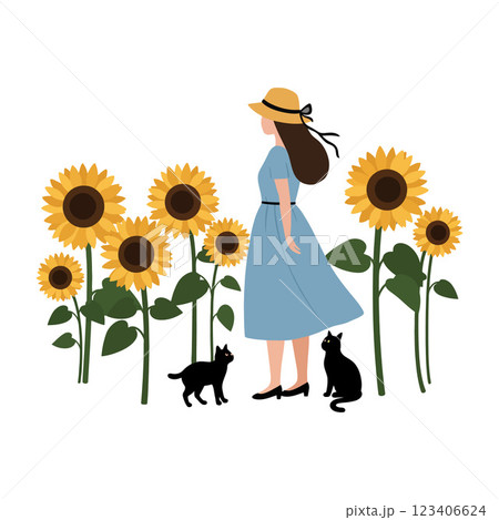 Woman in blue dress surrounded by sunflowers and cats in flat vector art 123406624