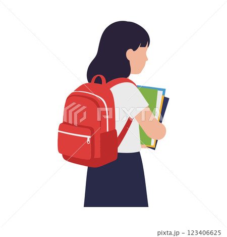 Student carrying colorful books with red backpack in flat vector art Student carrying colorful books with red backpack in flat vector art 123406625