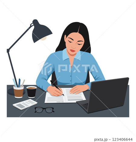 Woman writing notes at desk in flat vector illustration Woman writing notes at desk in flat vector illustration 123406644