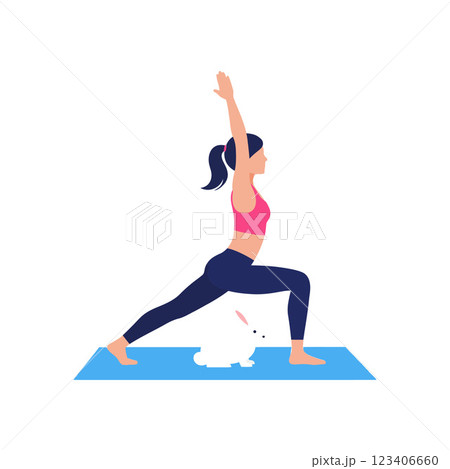 Woman practicing yoga in warrior pose with cute bunny vector art 123406660