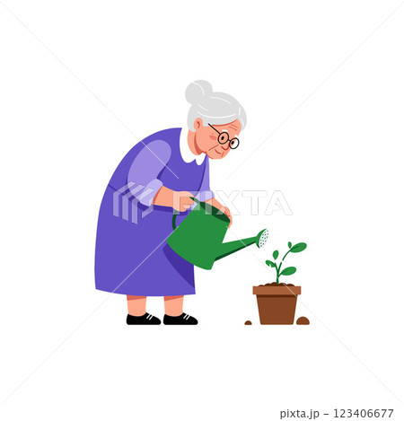 Elderly woman watering a small plant in flat vector illustration 123406677