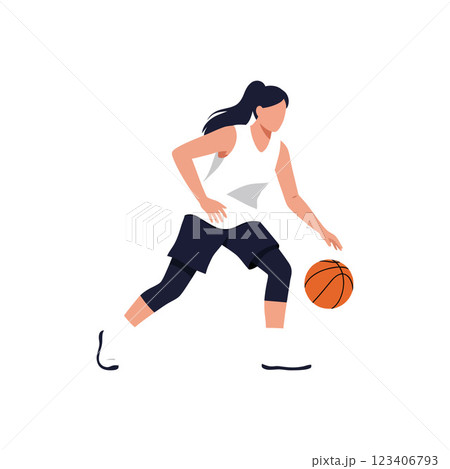 Female basketball player dribbling ball in flat vector art Female basketball player dribbling ball in flat vector art 123406793