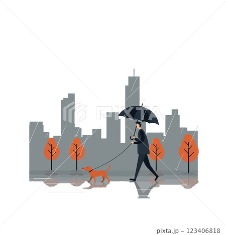 Man walking dog with umbrella in rainy city flat vector art Man walking dog with umbrella in rainy city flat vector art 123406818