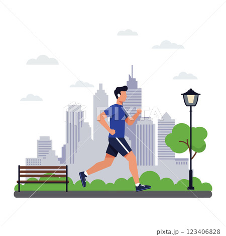 Person jogging in a city park depicted in flat vector art Person jogging in a city park depicted in flat vector art 123406828