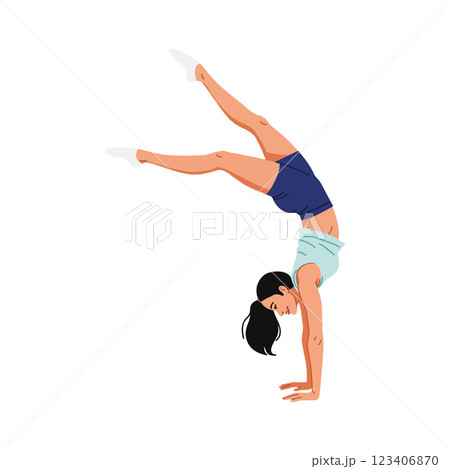 Woman performing a handstand in flat vector illustration style 123406870