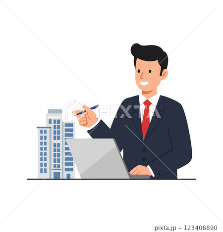Businessman presenting ideas with laptop and buildings in flat vector art 123406890