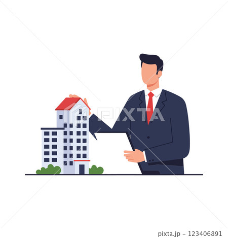 Businessman presenting building model in minimal flat vector art 123406891