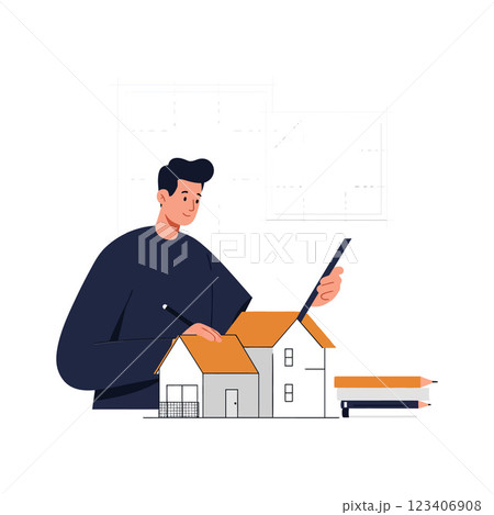 Architect sketching detailed house design in minimal vector illustration 123406908