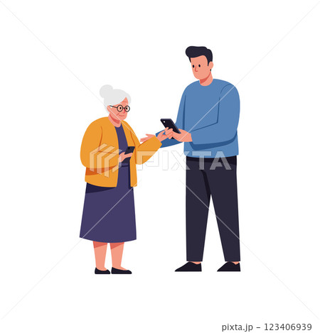 Elderly woman receives smartphone help from a young man in flat vector art Elderly woman receives smartphone help from a young man in flat vector art 123406939