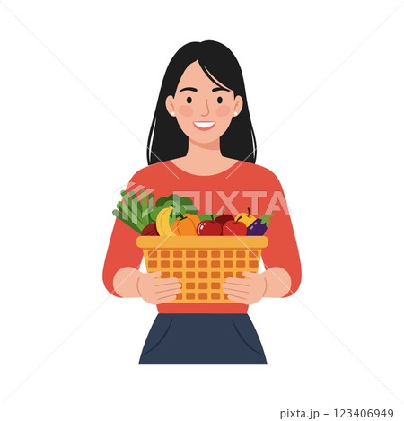 Woman smiling while holding a basket of fresh vegetables flat vector art Woman smiling while holding a basket of fresh vegetables flat vector art 123406949