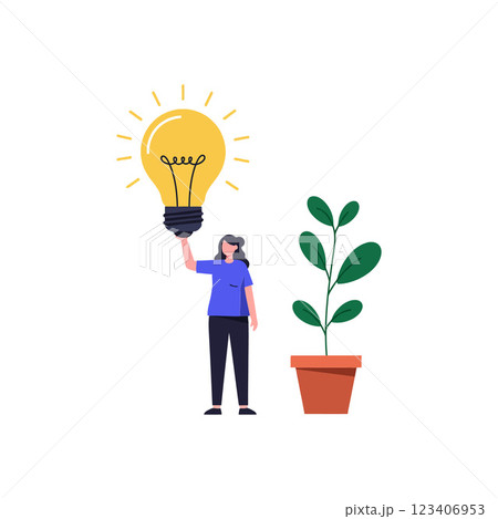 Woman holding a light bulb beside a green plant in flat vector art Woman holding a light bulb beside a green plant in flat vector art 123406953