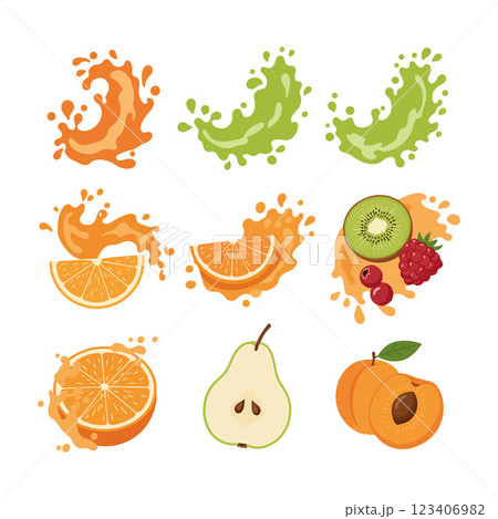 Colorful fruit splashes featuring oranges, pears, and raspberries in a flat vector illustration 123406982