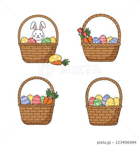 Colorful Easter baskets with eggs and a bunny in a flat vector illustration Colorful Easter baskets with eggs and a bunny in a flat vector illustration 123406994