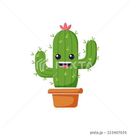 Happy cartoon cactus character in a brown pot, minimal flat design vector illustration 123407035