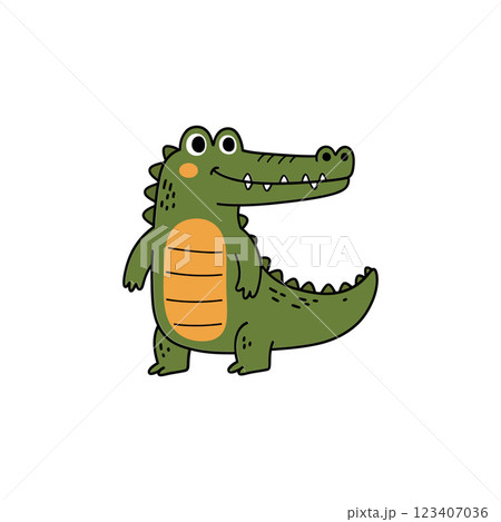 Friendly cartoon crocodile character in playful flat design style, showcasing vibrant colors and cheerful expression in vector art 123407036