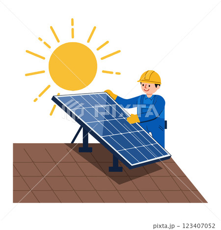 Worker Installing Solar Panels on Roof in Flat Vector Art 123407052