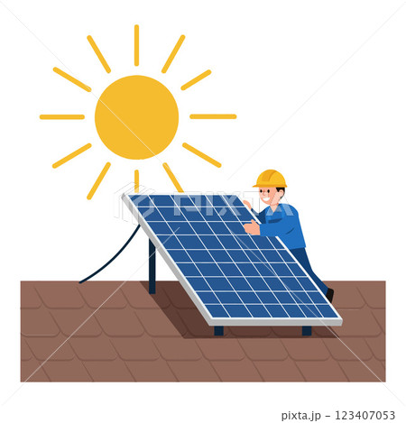 Solar panel installation process with worker under bright sun vector illustration 123407053