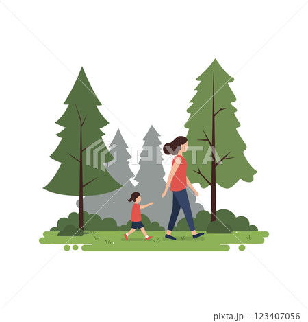 Mother and daughter walking through a lush forest in flat vector art 123407056