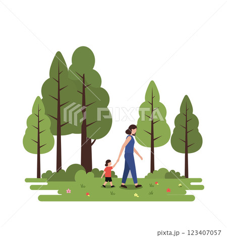 Mother and child walking through a lush forest in flat vector art 123407057