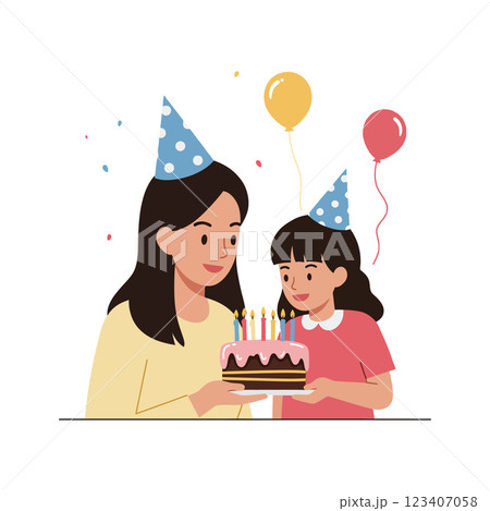 Mother and daughter celebrating birthday with cake in flat vector art 123407058