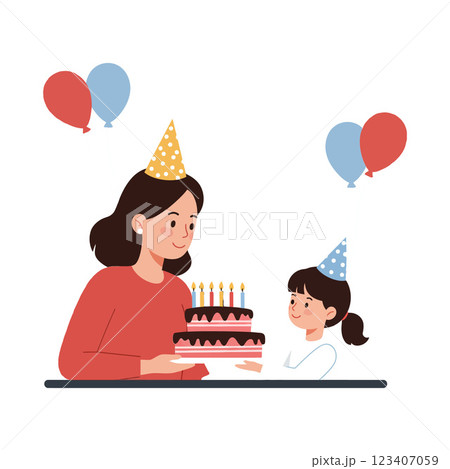 Happy celebration scene with cake and balloons in minimal vector art 123407059