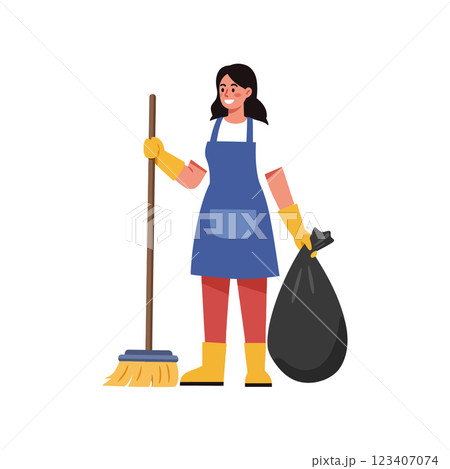 Woman cleaning with broom and holding trash bag in flat vector illustration Woman cleaning with broom and holding trash bag in flat vector illustration 123407074