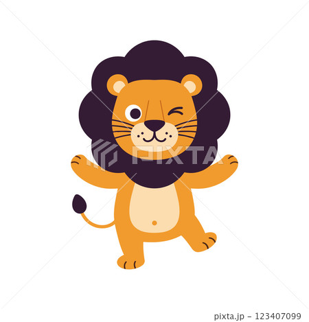 Cute lion character with a playful expression in flat vector art style showcasing vibrant colors and cheerful demeanor in a whimsical setting vector illustration Cute lion character with a playful expression in flat vector art style showcasing vibrant colors and cheerful demeanor in a whimsical setting vector illustration 123407099