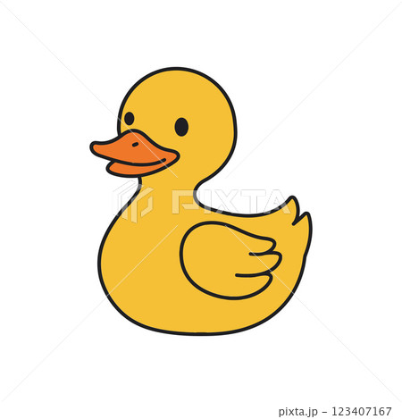 Cute yellow duck character in flat design style, joyful expression, whimsical mood, vector art 123407167