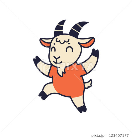 Cheerful cartoon goat character in bright orange attire, minimal flat design vector illustration 123407177