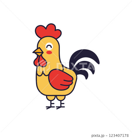 Colorful cartoon chicken with a bright yellow body and red accents in a playful flat vector illustration 123407178