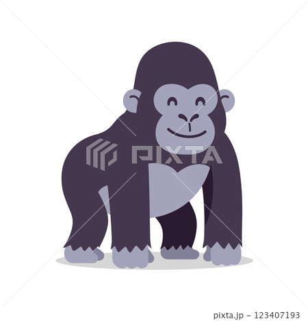 Friendly cartoon gorilla standing playfully with a cheerful expression in minimal vector art 123407193