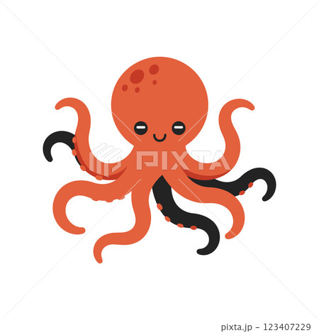 Cute orange octopus with smiling face and colorful tentacles in a flat vector illustration Cute orange octopus with smiling face and colorful tentacles in a flat vector illustration 123407229