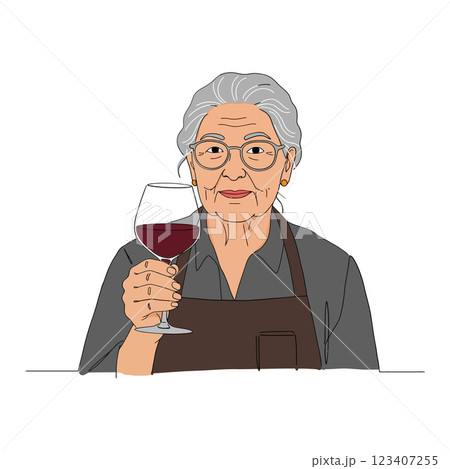 Elderly woman smiling while holding a glass of red wine in a flat vector illustration 123407255