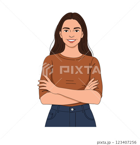 Confident woman with brown hair and arms crossed in a minimal flat design vector illustration 123407256