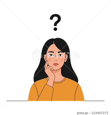 Thoughtful young woman with hand on chin in flat vector illustration questioning life choices and emotions 123407271