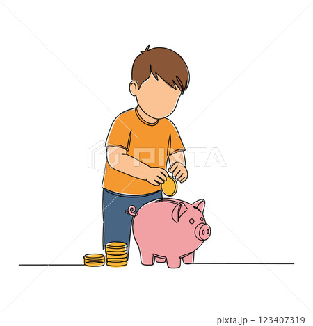 Young boy in orange shirt depositing coins into a pink piggy bank in minimal vector art 123407319