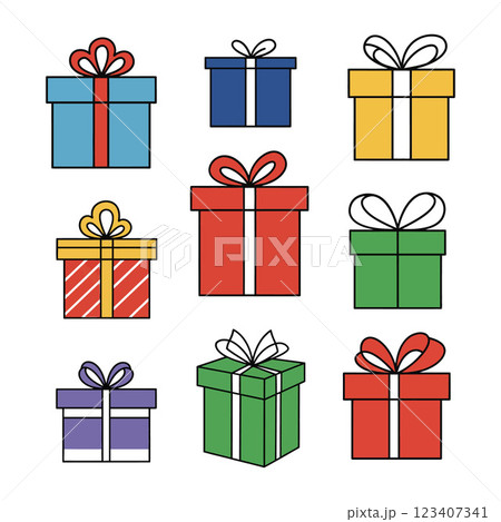 Colorful gift boxes arranged in a playful pattern with bows in a flat vector illustration 123407341