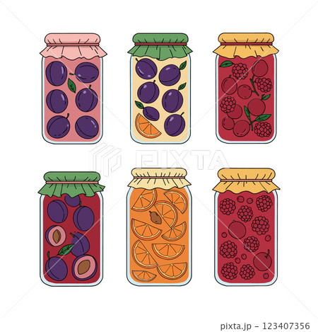 Colorful jars filled with assorted fruits and preserves in a flat vector illustration 123407356