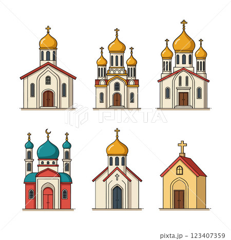 A collection of colorful churches with domed roofs in flat design vector art A collection of colorful churches with domed roofs in flat design vector art 123407359